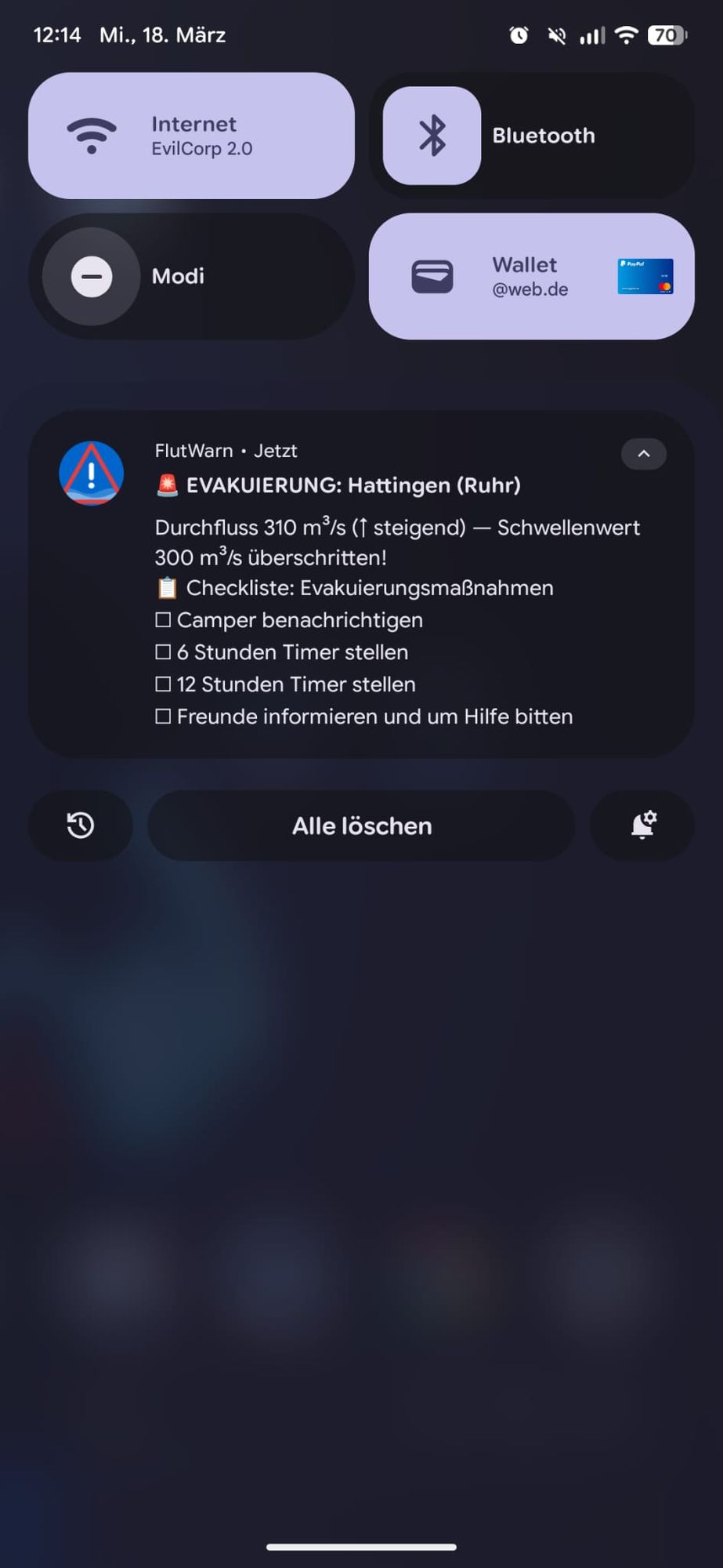 Erweiterte Hochwasserwarnung mit Evakuierungs-Checkliste in der Benachrichtigungsleiste